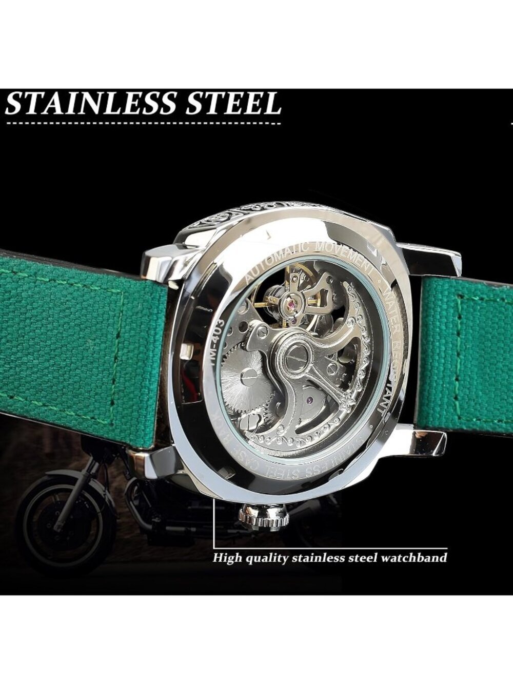 Men's Green Square Mechanical Leather Strap Self-Wind Carved Automatic Watch - Picture 4 of 7